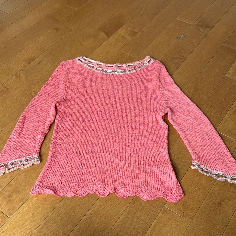 Ball of Cotton Pink Knit Sweater with Scalloped Edges in Large